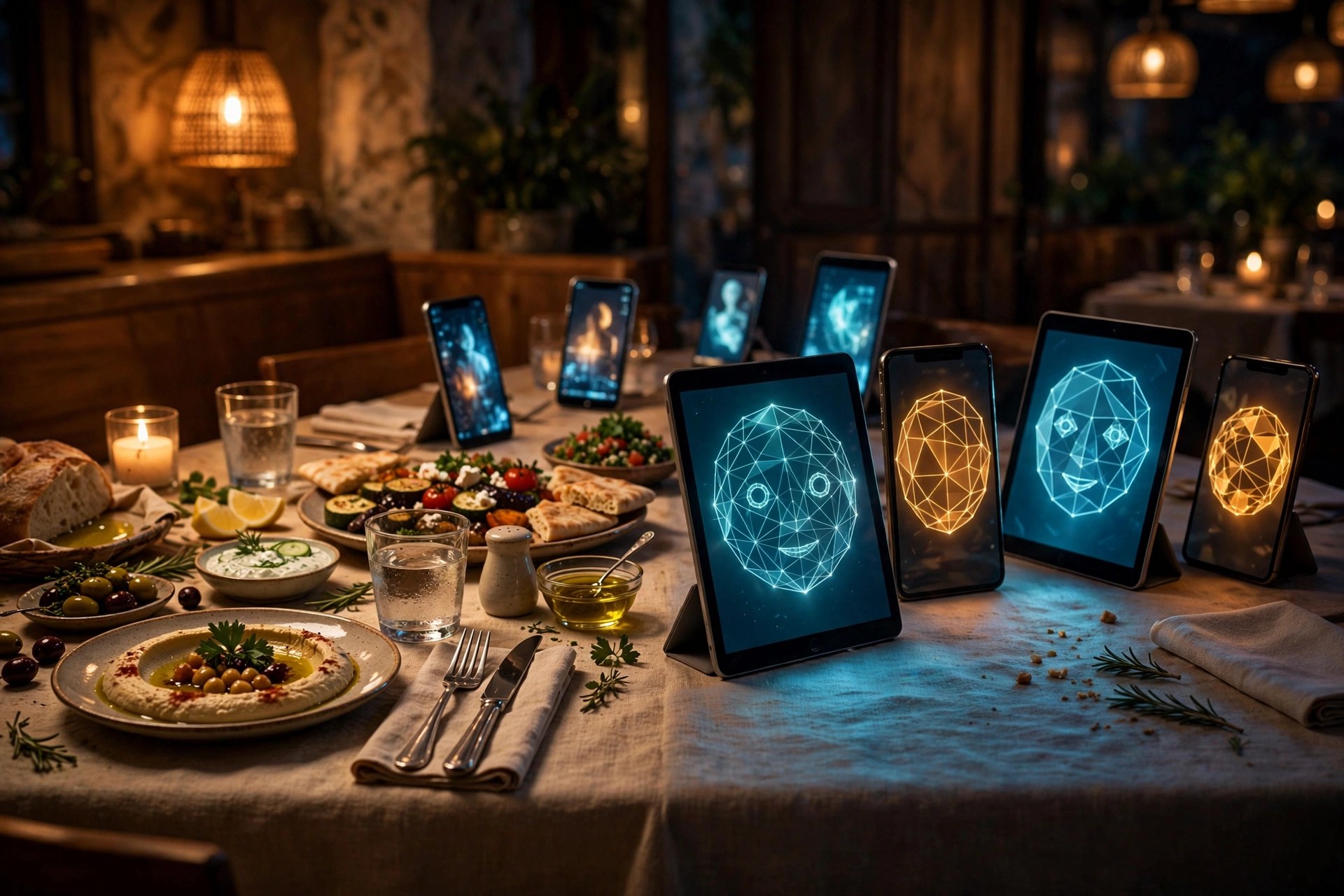 Illustration of a restaurant dinner table set with Mediterranean food, with smartphones and tablets showing glowing digital avatar faces seated at the places
