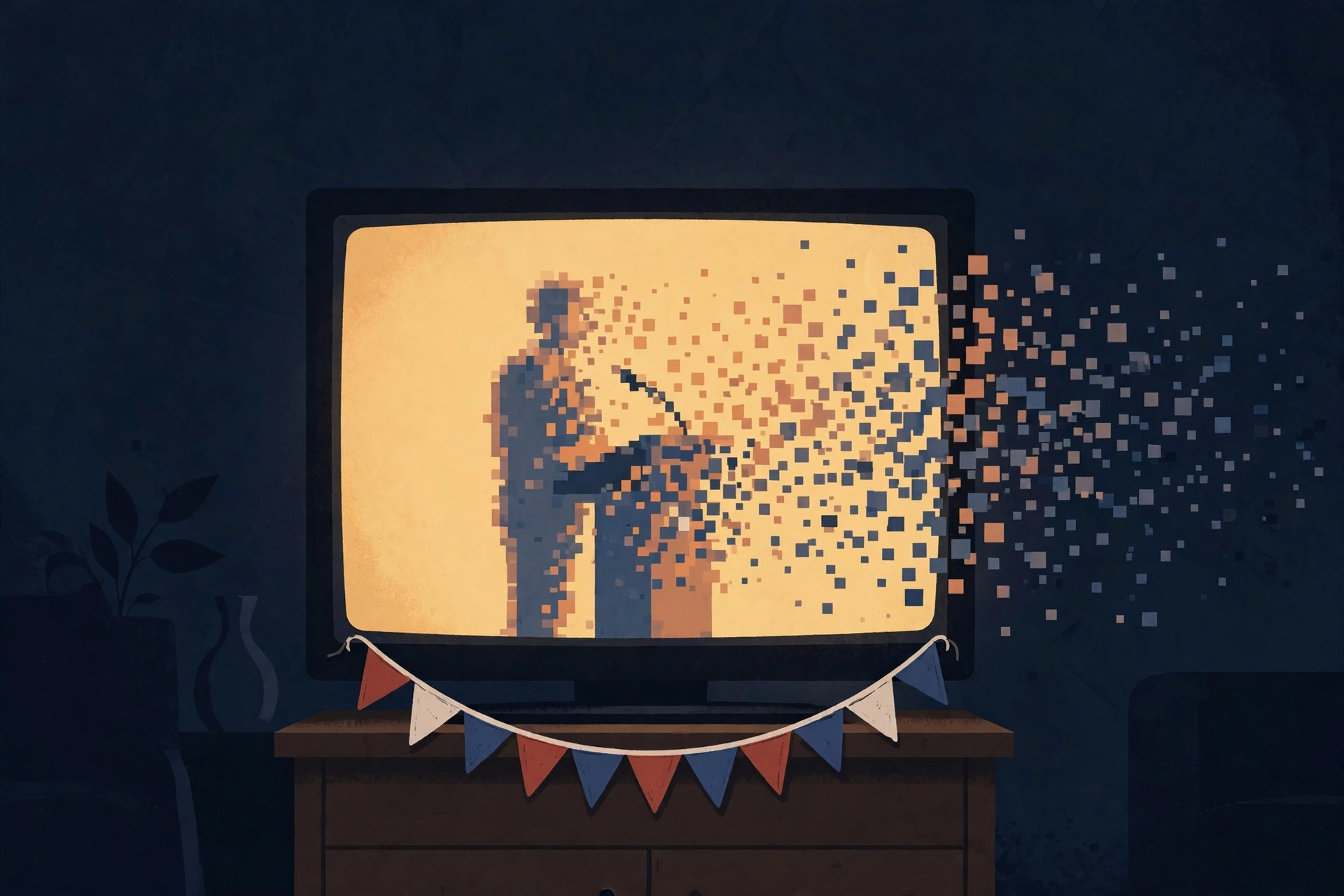 Illustration of a television showing a pixelated speaker at a podium dissolving into digital fragments