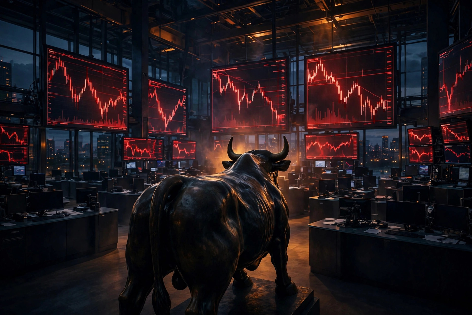 Illustration of a bull statue on a Wall Street trading floor with glowing screens showing plunging red stock charts