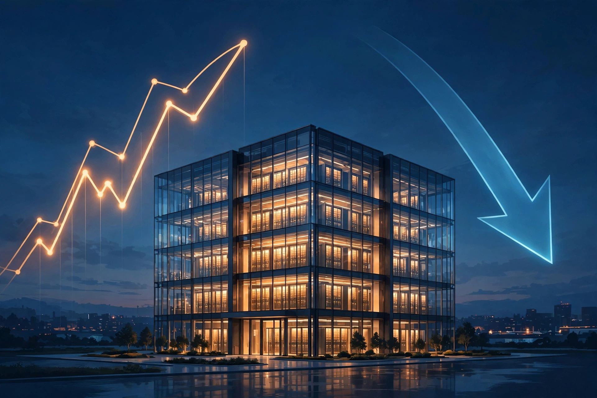 Illustration of a glass data-center building at dusk with a rising chart line and a falling arrow
