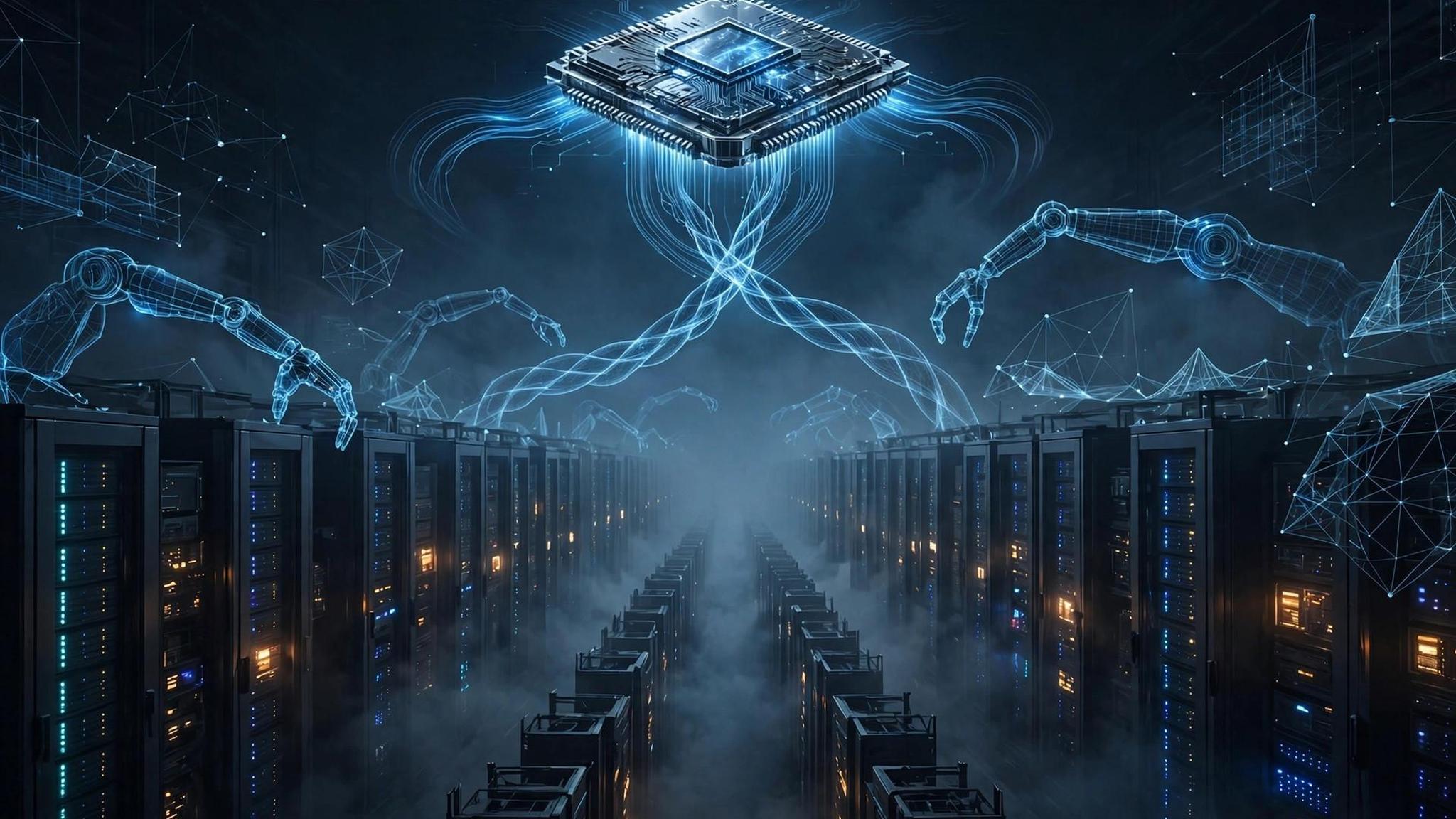 A glowing microchip hovering over dark server racks, light trails from it forming wireframe robotic arms