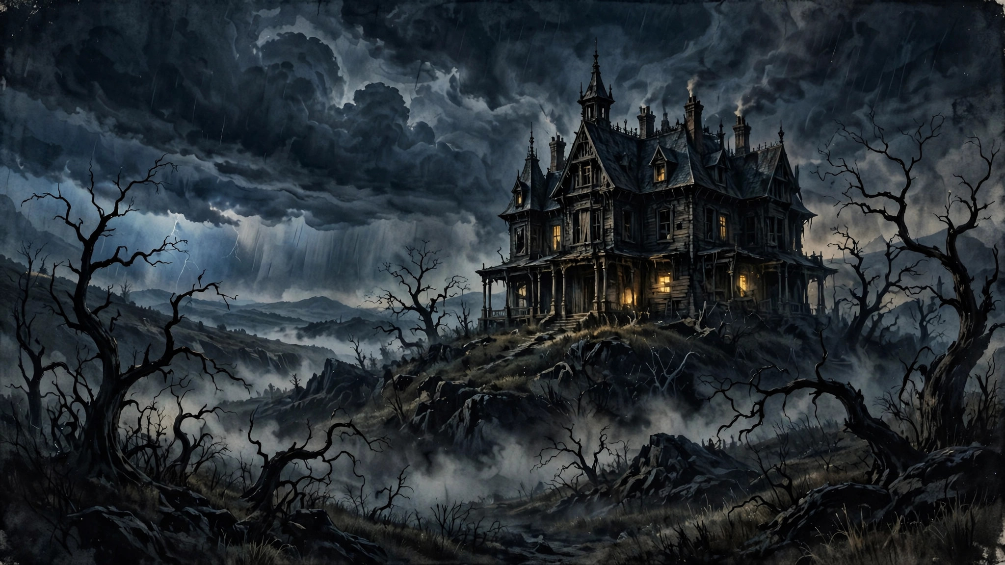 Illustration of a dark Victorian house on a hill at night, its windows lit, under a stormy sky
