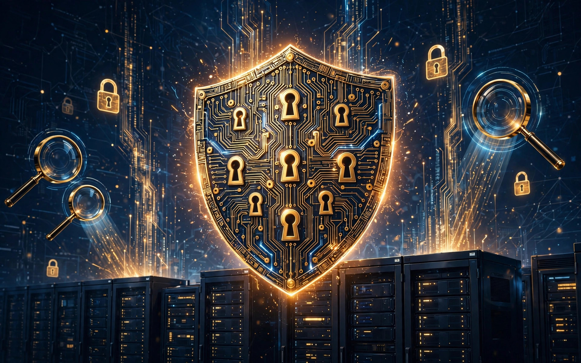 Illustration of a glowing circuit-board shield with keyholes hovering over server racks, magnifying lenses scanning lines of code