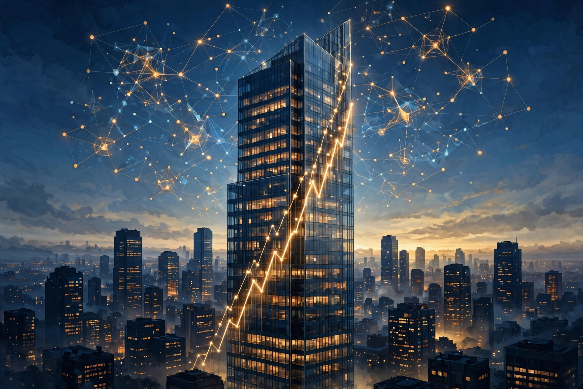 Illustration of a glass office tower at dawn with a rising chart of light on its facade above a city skyline