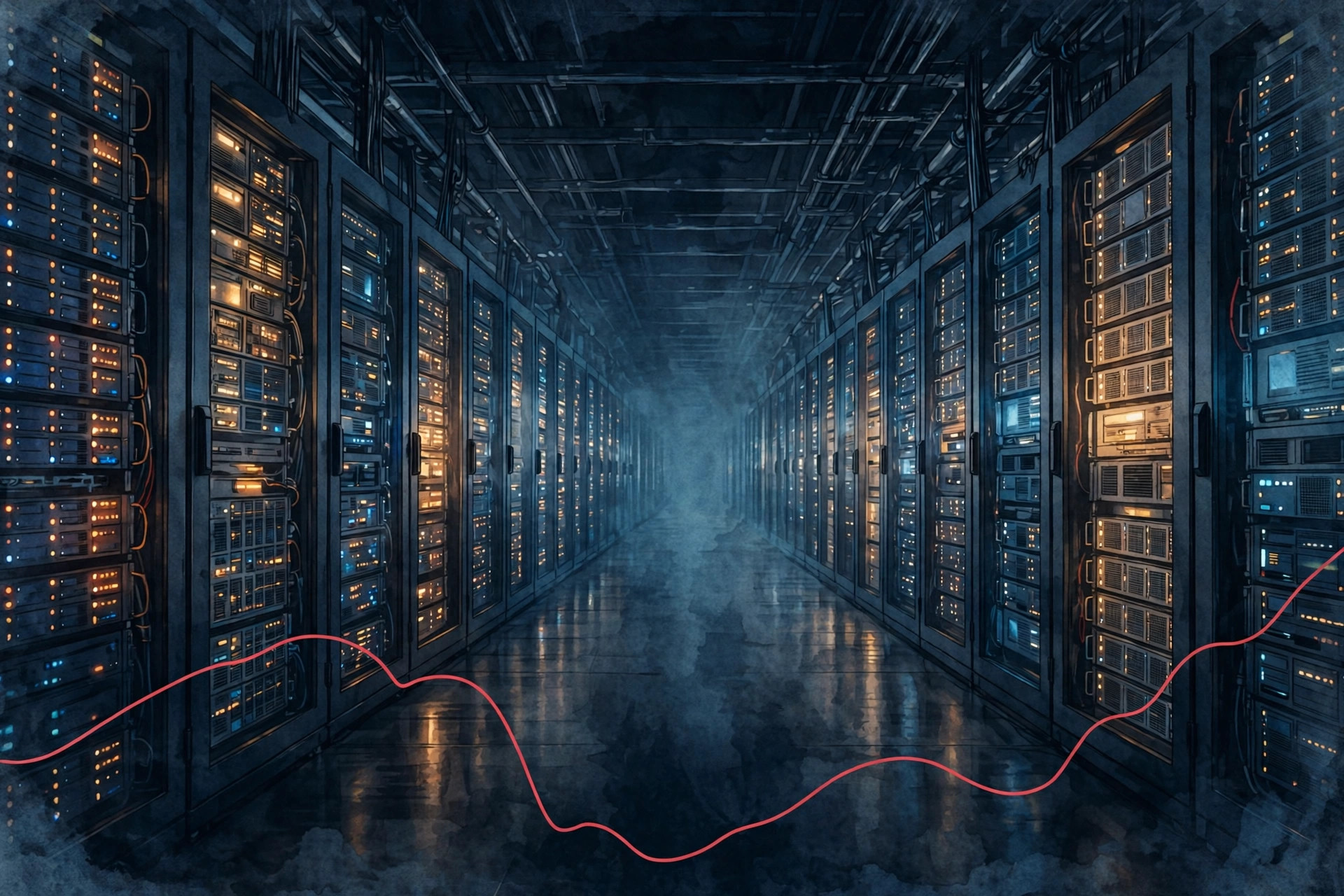 Illustration of a data center corridor with a financial chart line