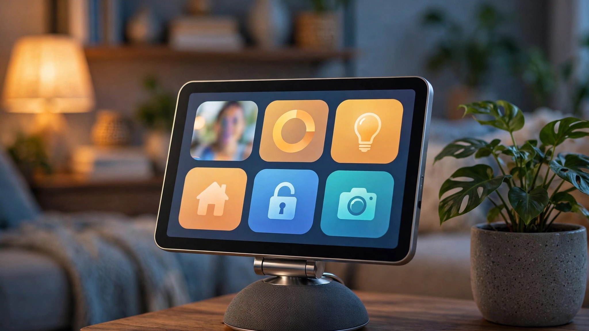 Illustration of a smart home display on a speaker base with smart-home widgets on screen