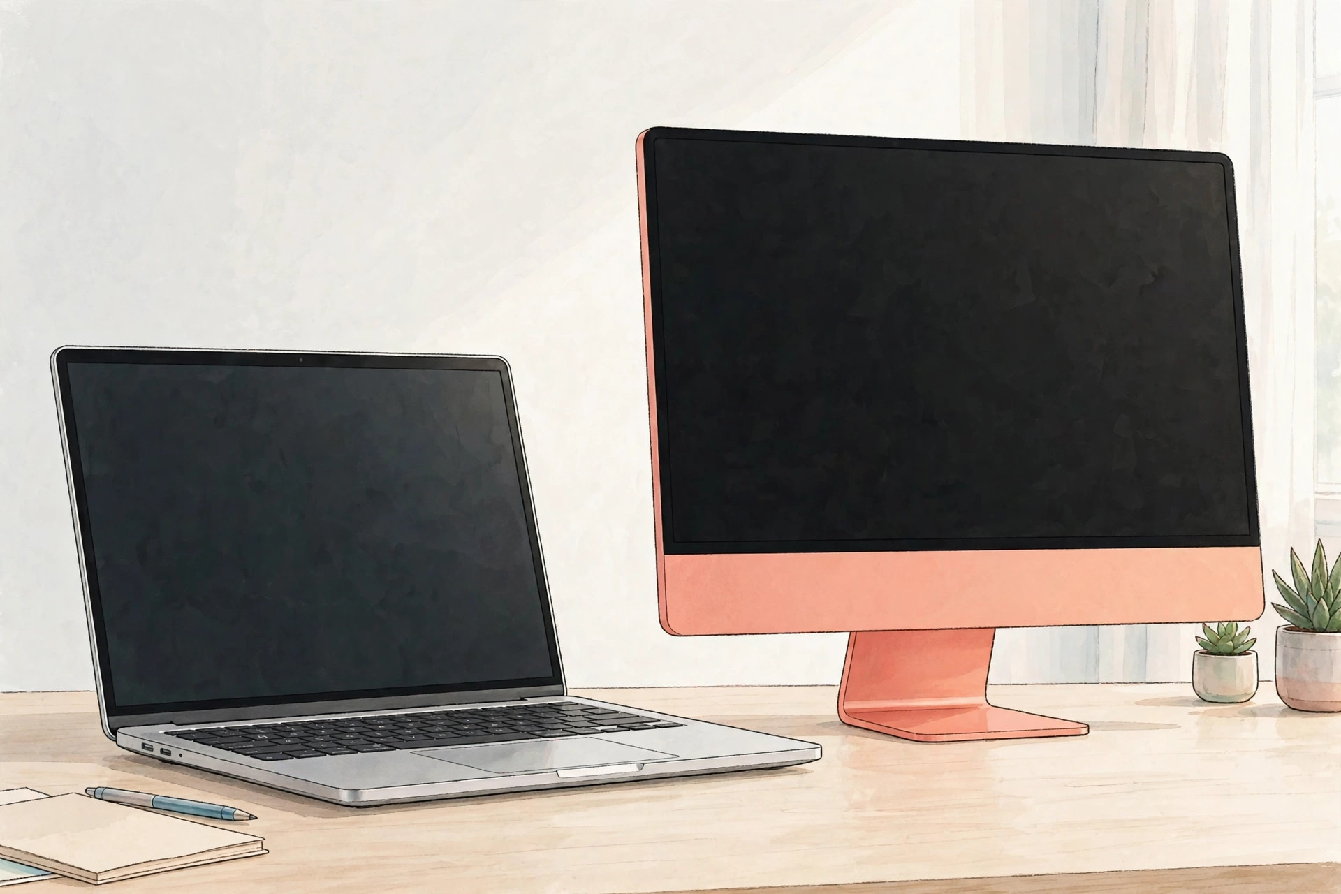 Illustration of a laptop and a slim all-in-one desktop computer on a desk