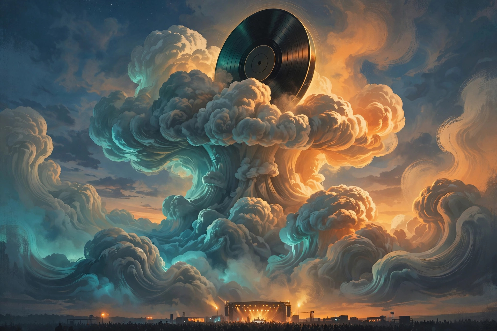 Illustration of a vinyl record rising out of stylized mushroom clouds at dusk