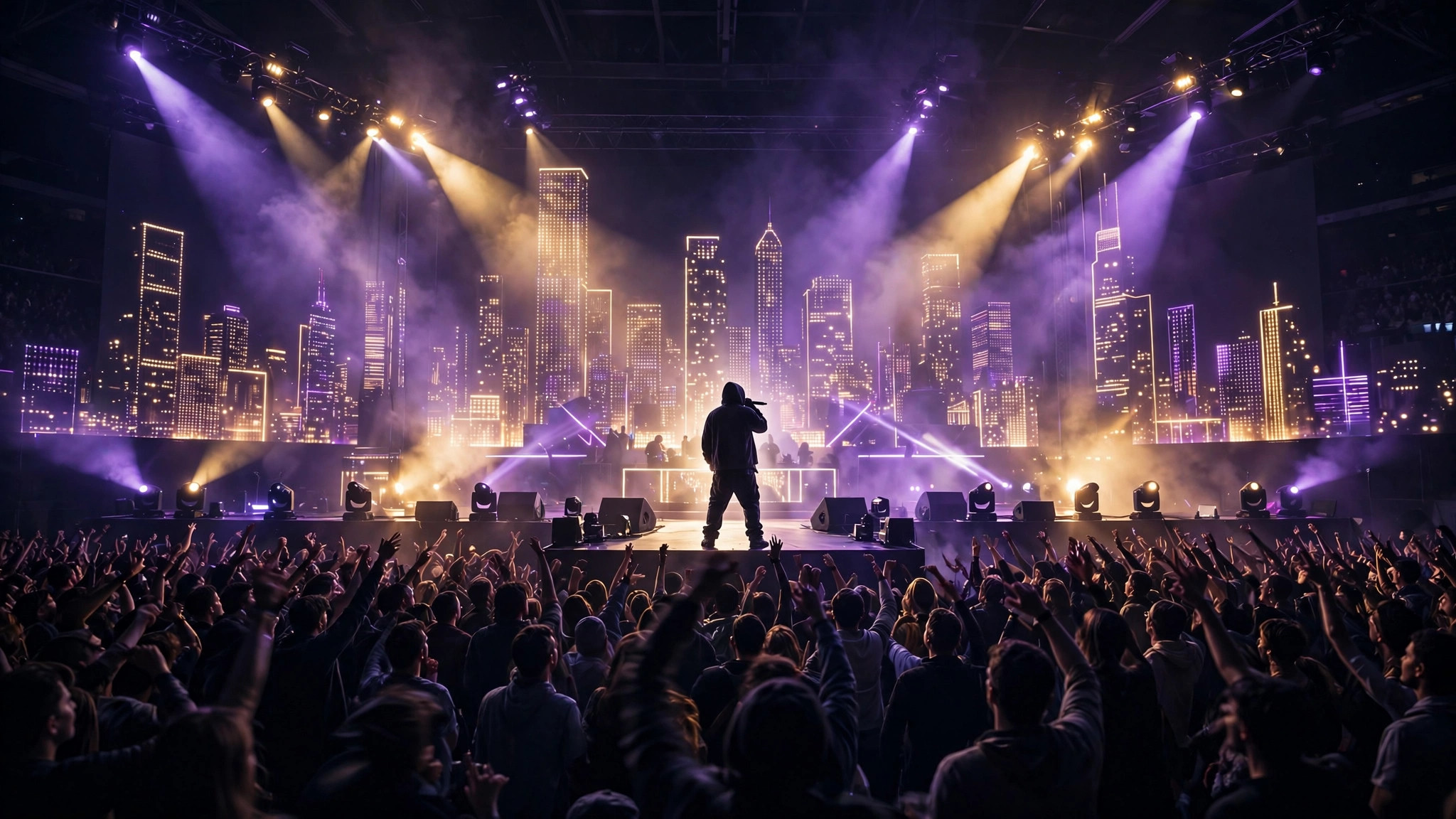 Illustration of a performer on stage before a packed arena under purple and gold lights