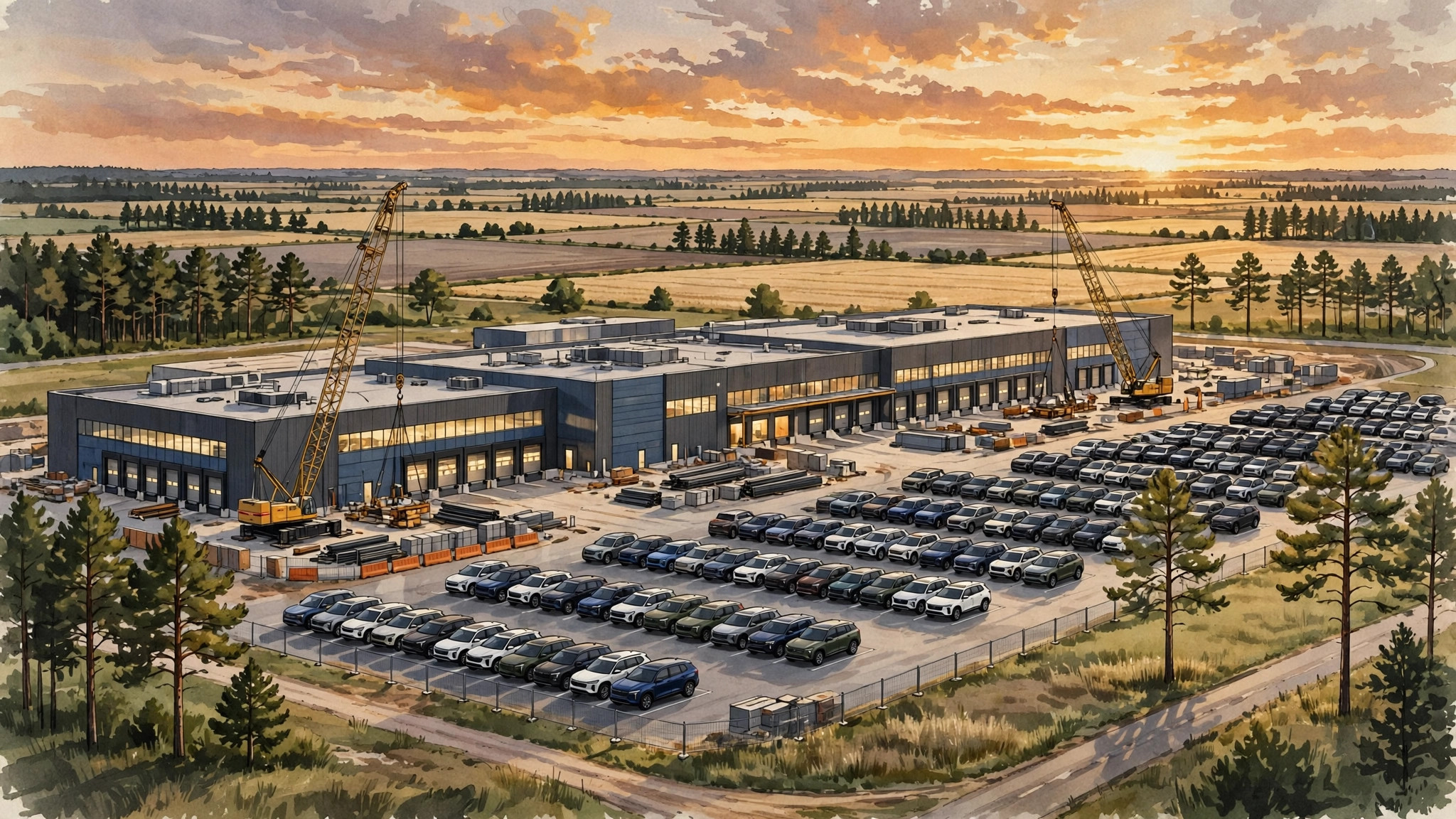Illustration of a large car factory under construction at dusk, with cranes, a lot full of SUVs, and flat Georgia farmland around it