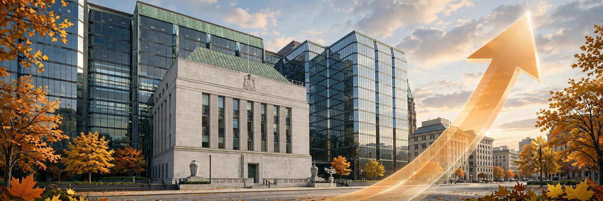 Illustration of the Bank of Canada building in Ottawa with a large upward arrow rising beside it