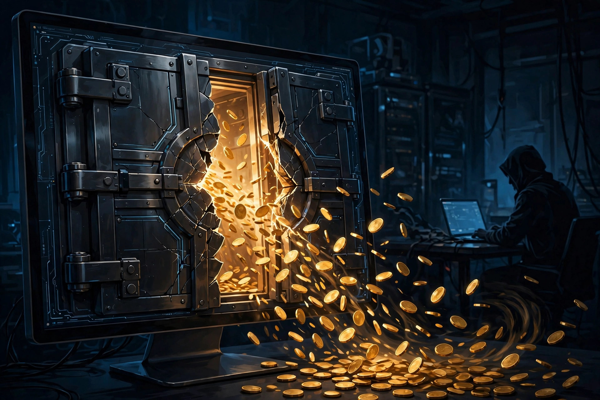 Illustration of a digital vault cracking open on a computer screen as gold coins pour out
