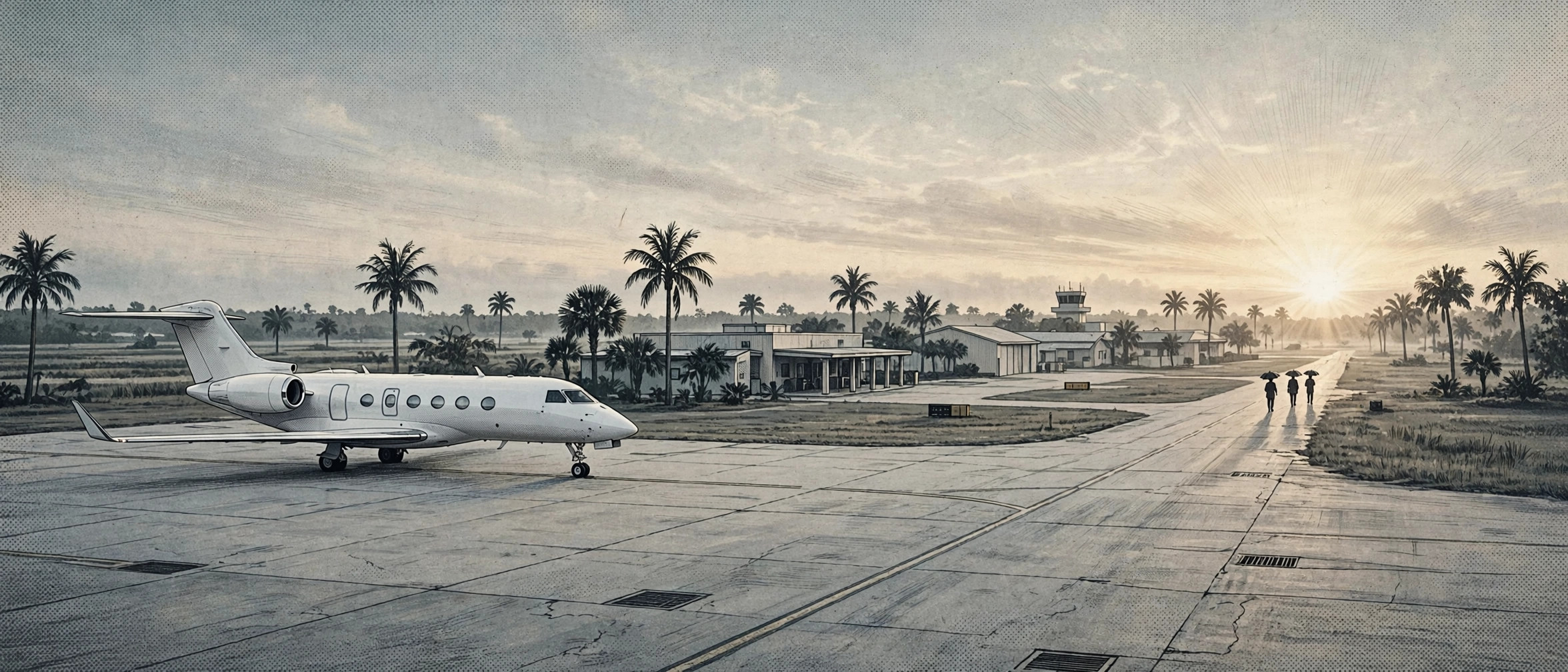 Illustration of a private jet on the tarmac at a Florida airport at dawn