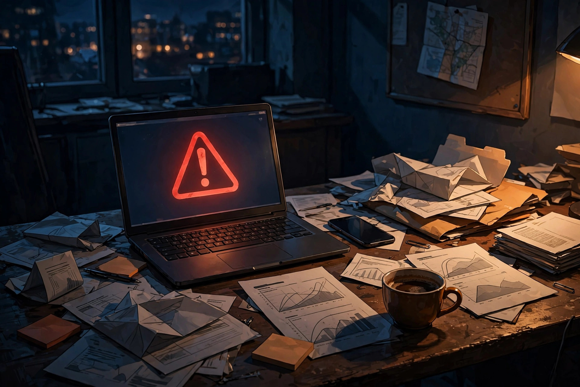 Illustration of a laptop on a cluttered campaign office desk at night, its screen showing a red warning symbol, with a phone and papers nearby