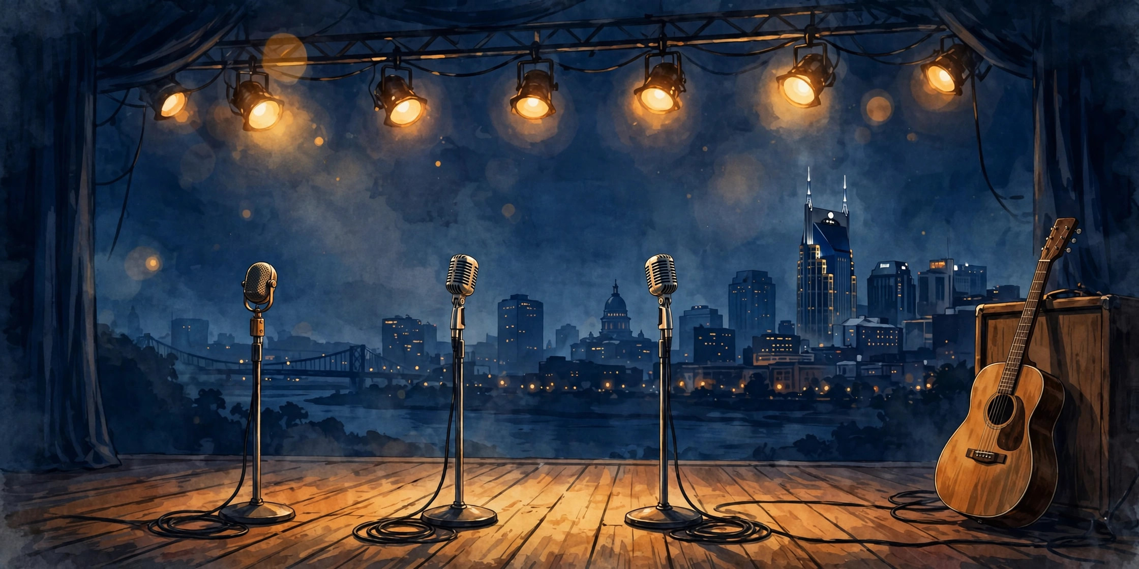 Illustration of three vintage microphones on a stage under warm spotlights, with an acoustic guitar and a Nashville skyline behind them