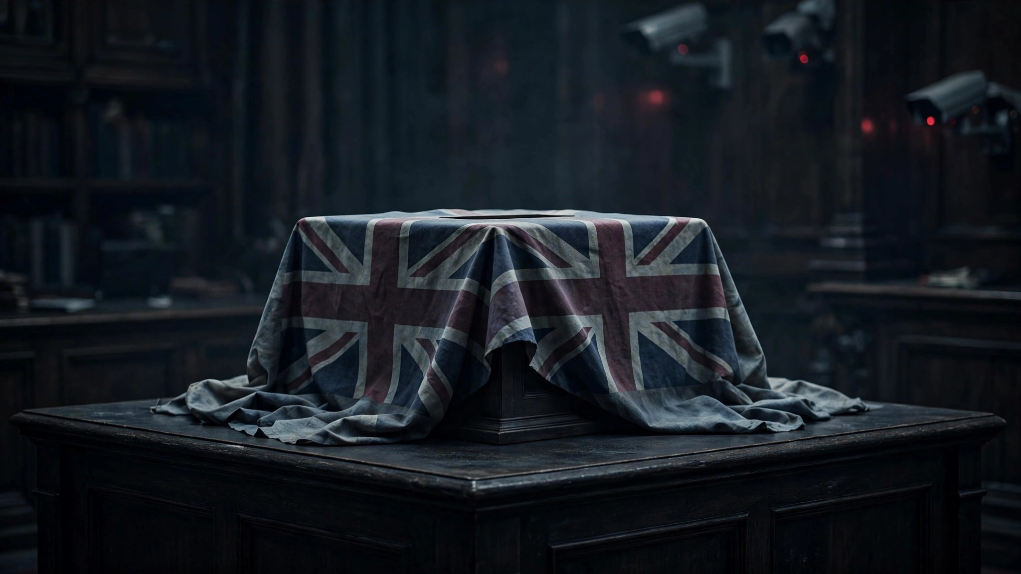 A ballot box draped in a Union Jack on a dark parliamentary desk, surveillance cameras glowing faintly red in the background