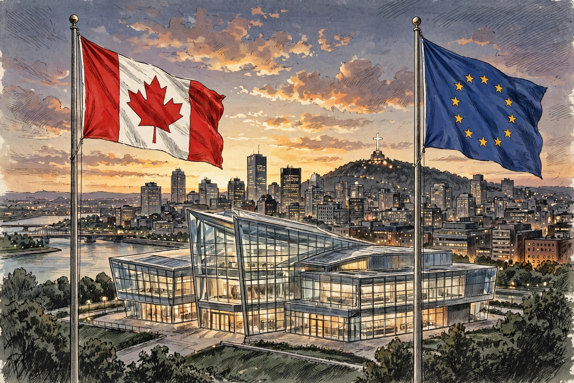 Illustration of the Canadian and European Union flags flying over Montreal at dusk
