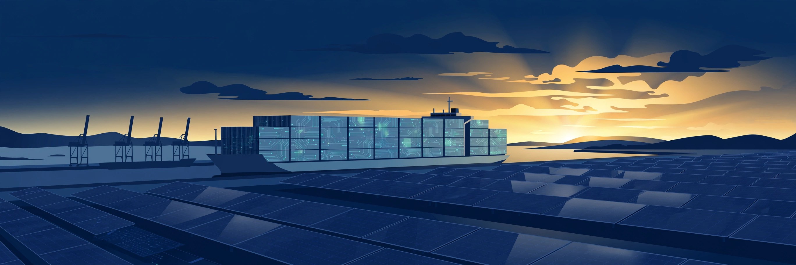Illustration of a container cargo ship with circuit-etched containers beside fields of solar panels at dawn