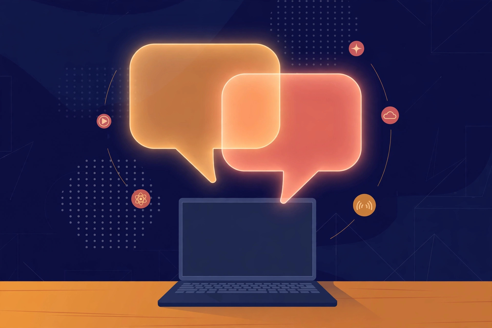 Editorial illustration of two overlapping glowing speech bubbles above a laptop with orbiting app icons