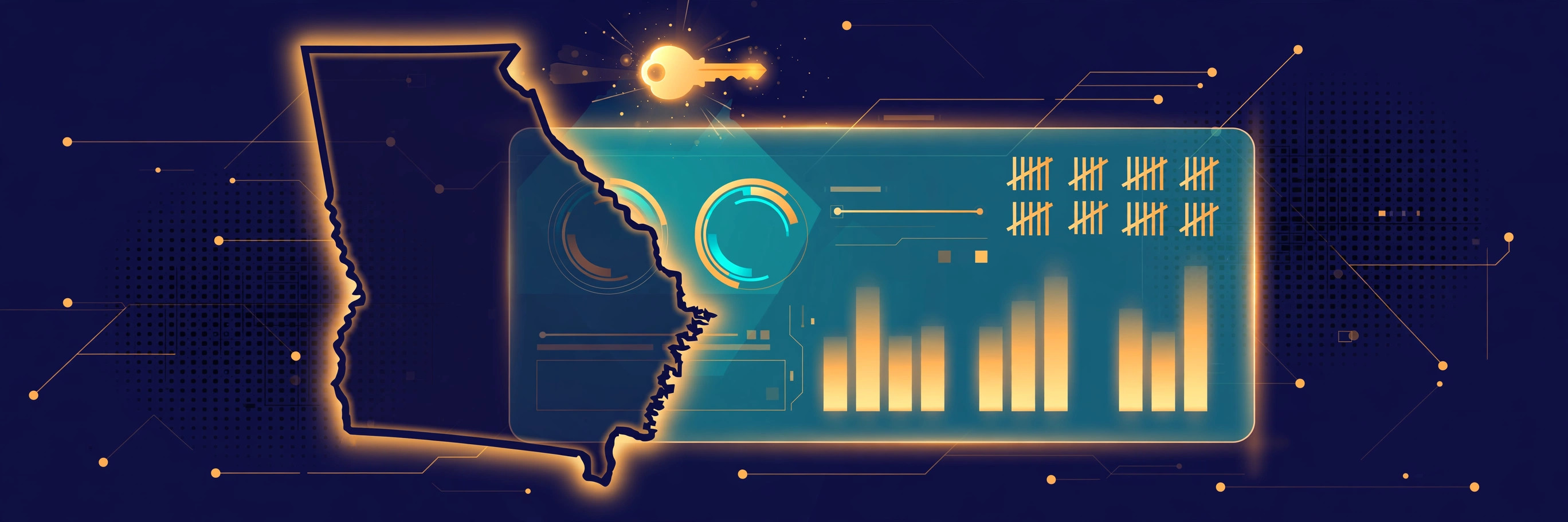 Illustration of the state of Georgia beside a data dashboard and a glowing key