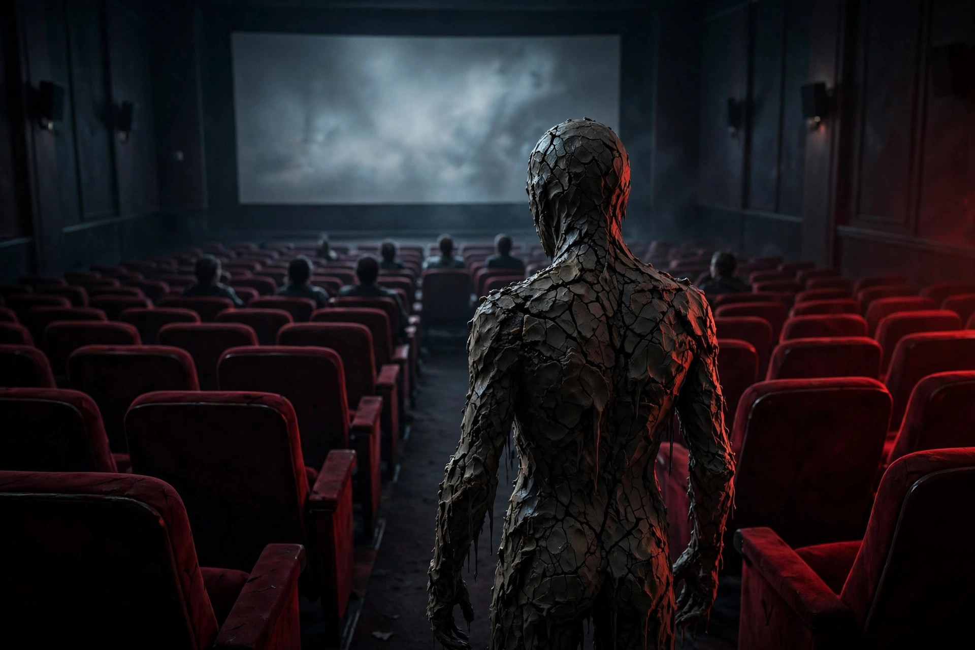 Illustration of a figure made of cracked clay standing in a darkened movie theater aisle