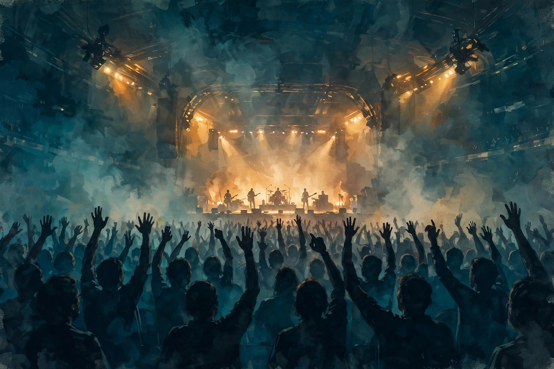 Illustration of a packed arena show with golden stage lights