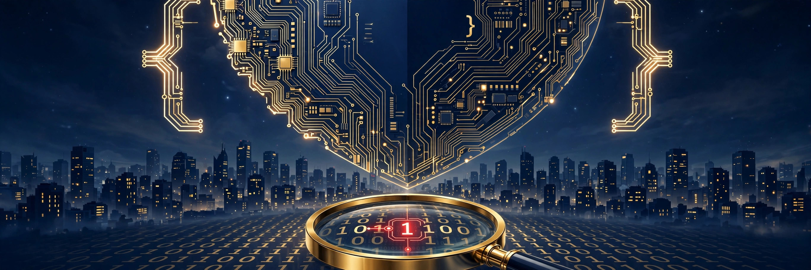 Illustration of a circuit-board shield over a city skyline