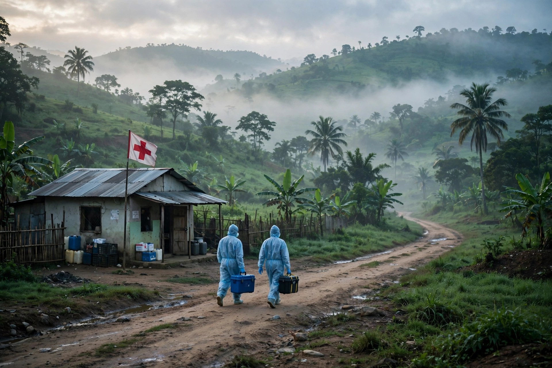 Illustration of two health workers in protective gear walking a dirt road past a rural clinic in eastern Congo at dawn
