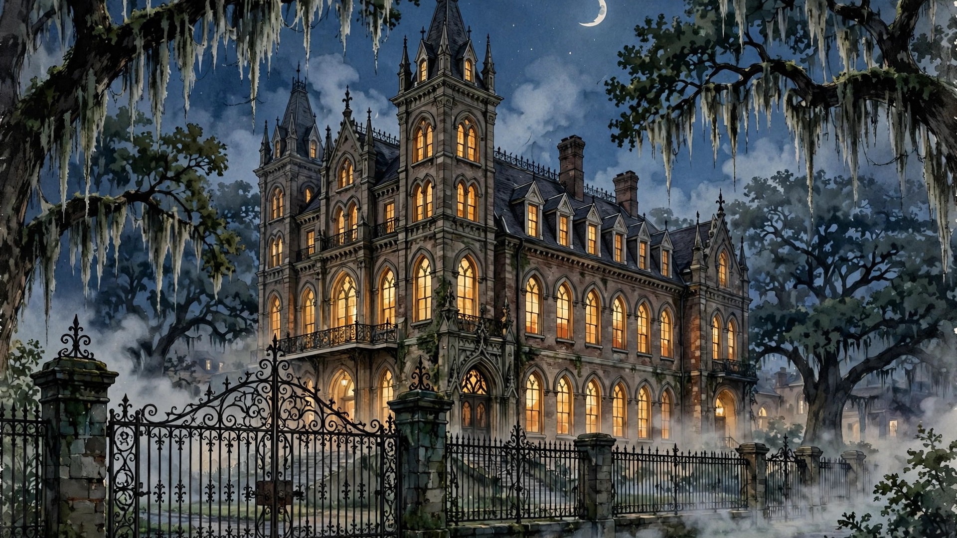 Illustration of a grand magic boarding school at night, its windows lit, behind wrought-iron gates and moss-draped oaks