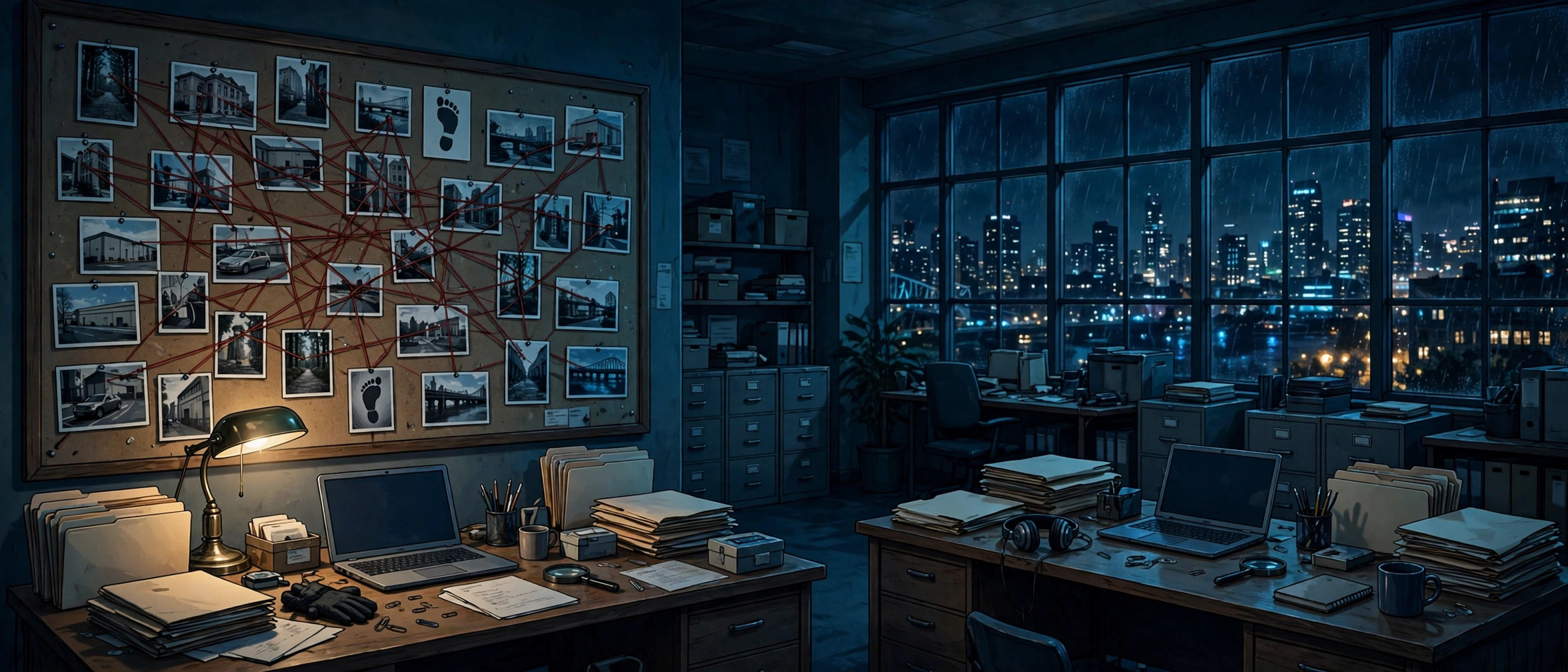 Illustration of a profiler case board with photos and red string in a dark office