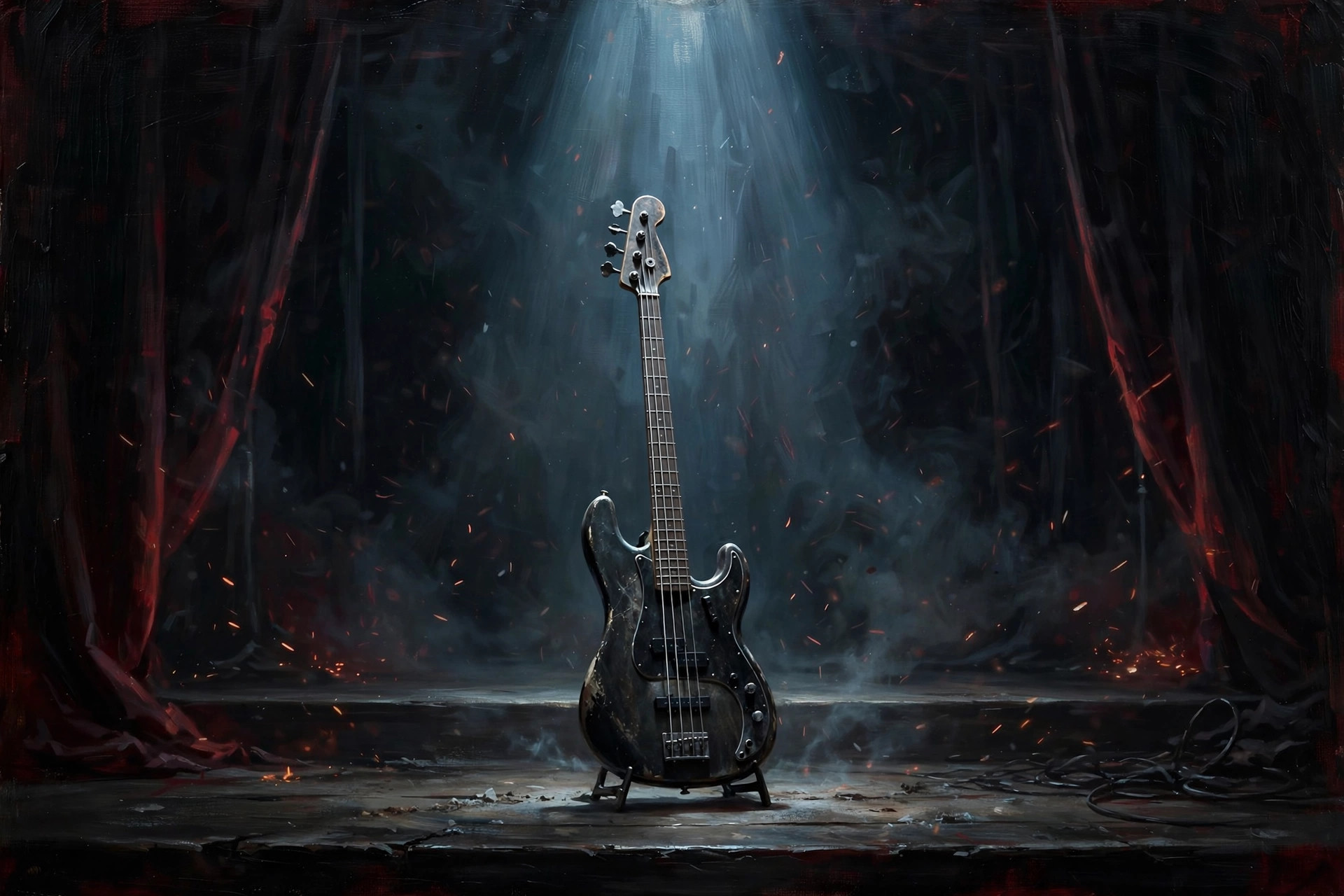 A lone bass guitar standing on a dark, empty stage under a single spotlight