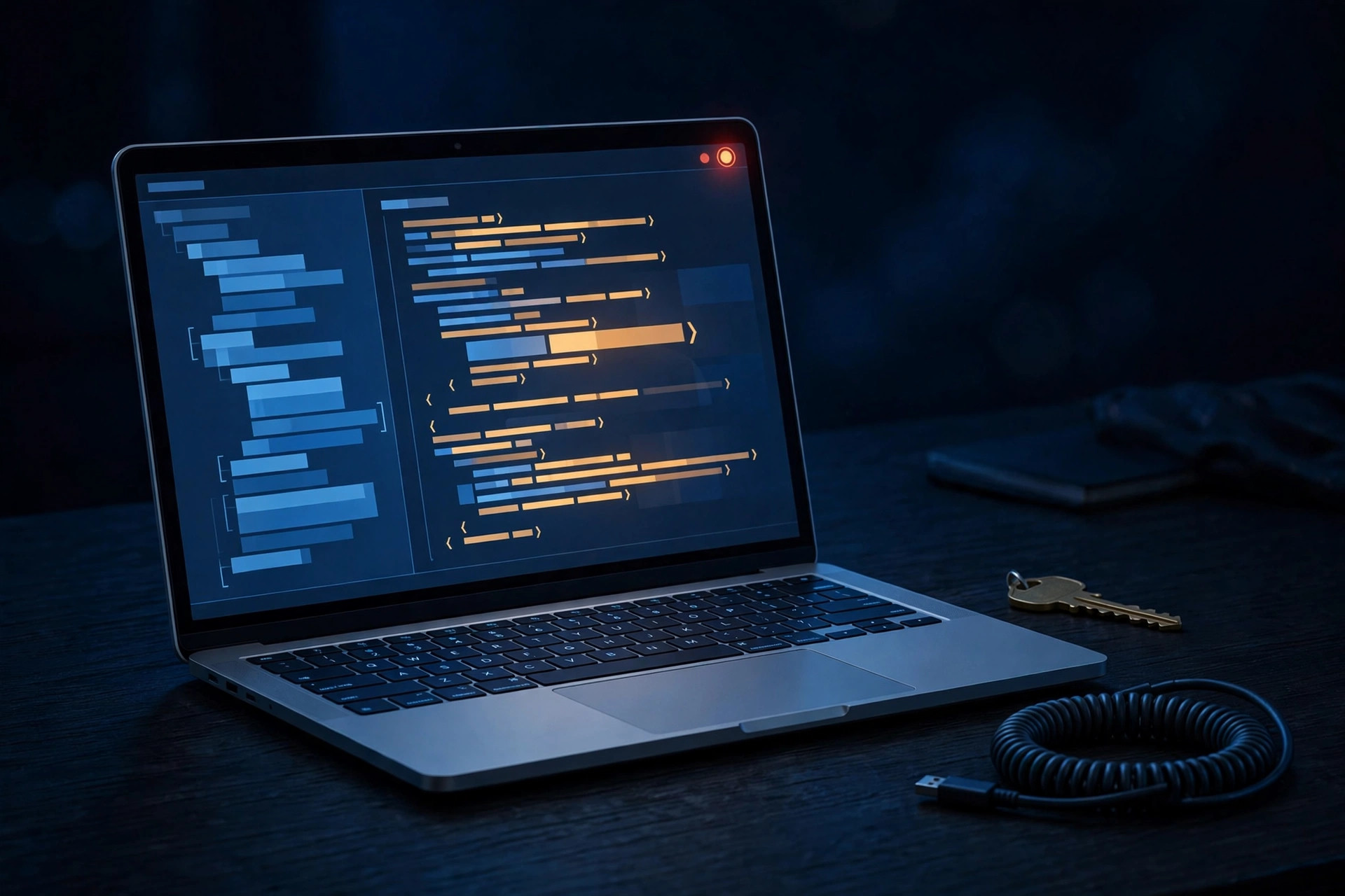 Illustration of a laptop showing a code editor at night, with a key and a cable beside it