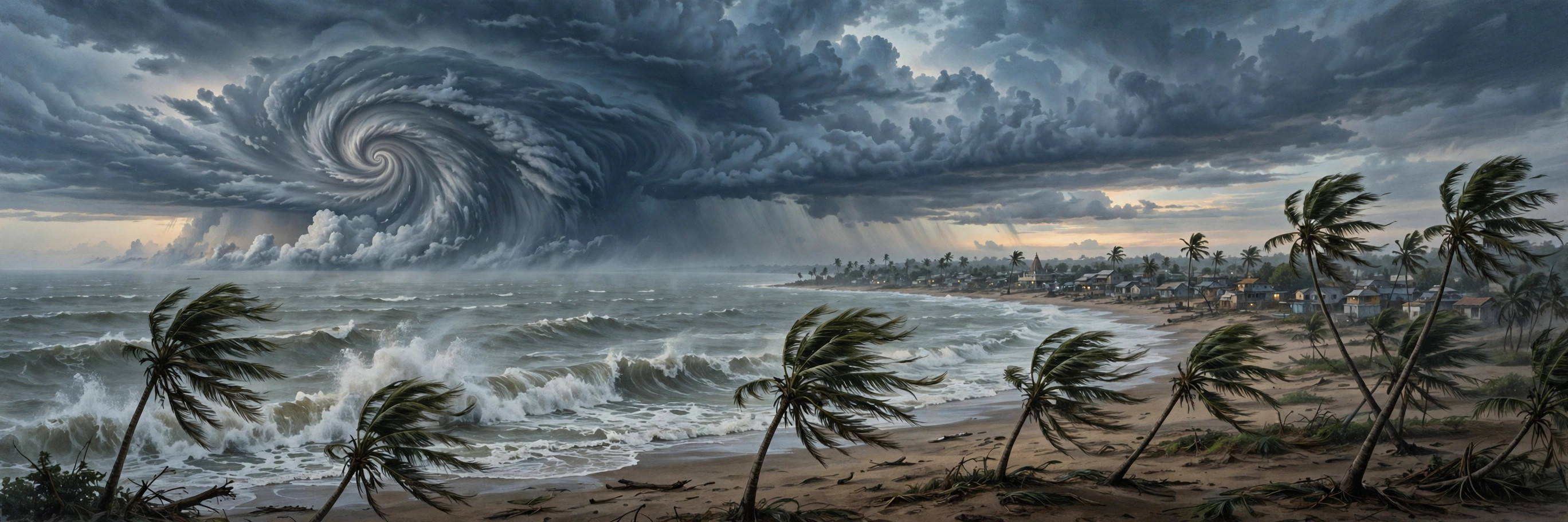 Illustration of a cyclone swirling over the sea off India's eastern coast, with palm trees bending in high wind above a beach