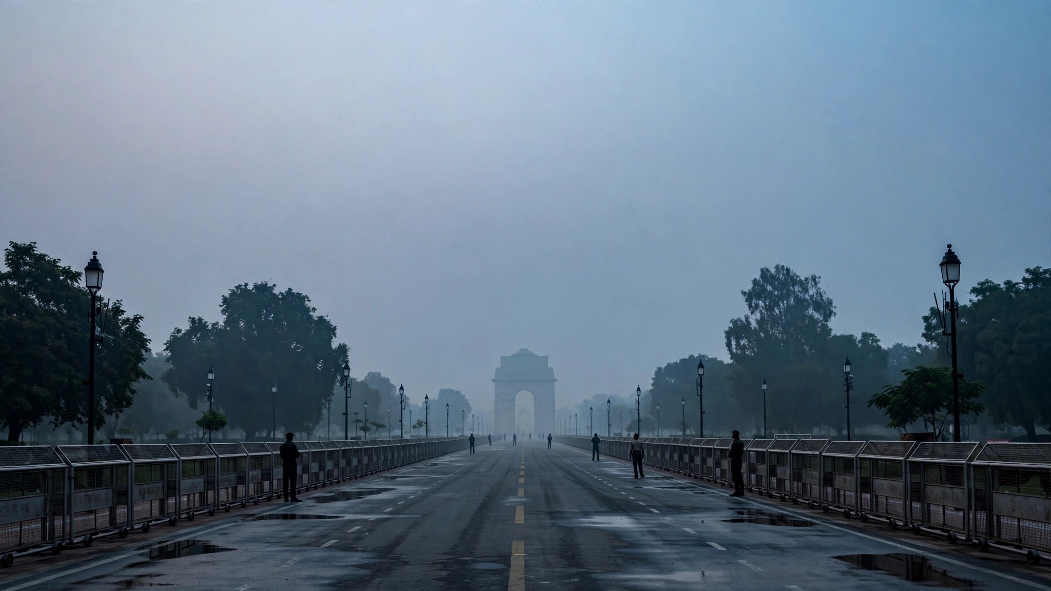 Police barricades line an empty Delhi boulevard at dawn, India Gate faint through the haze