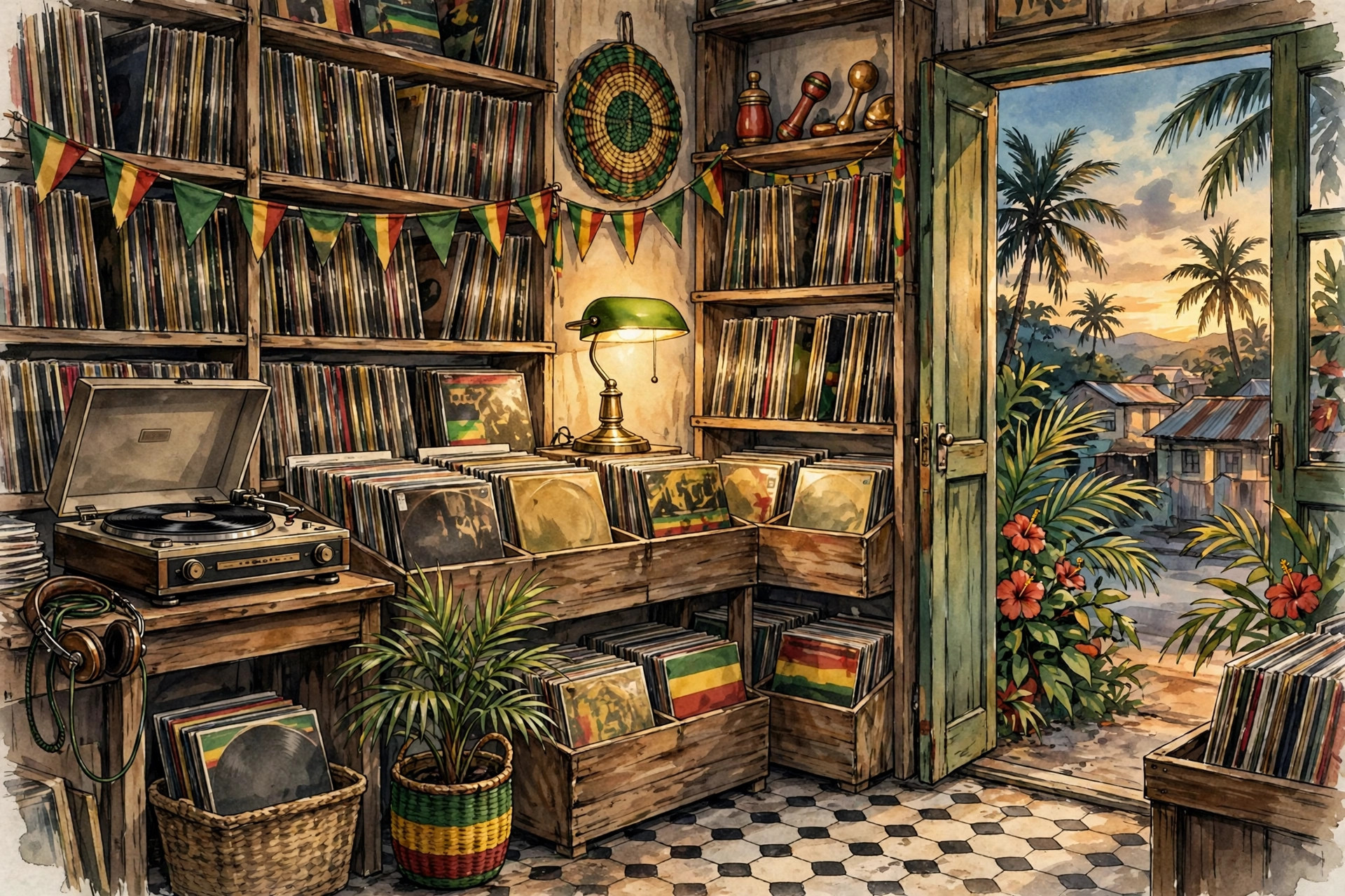 Illustration of a Kingston record shop at dusk, shelves of vinyl and a turntable