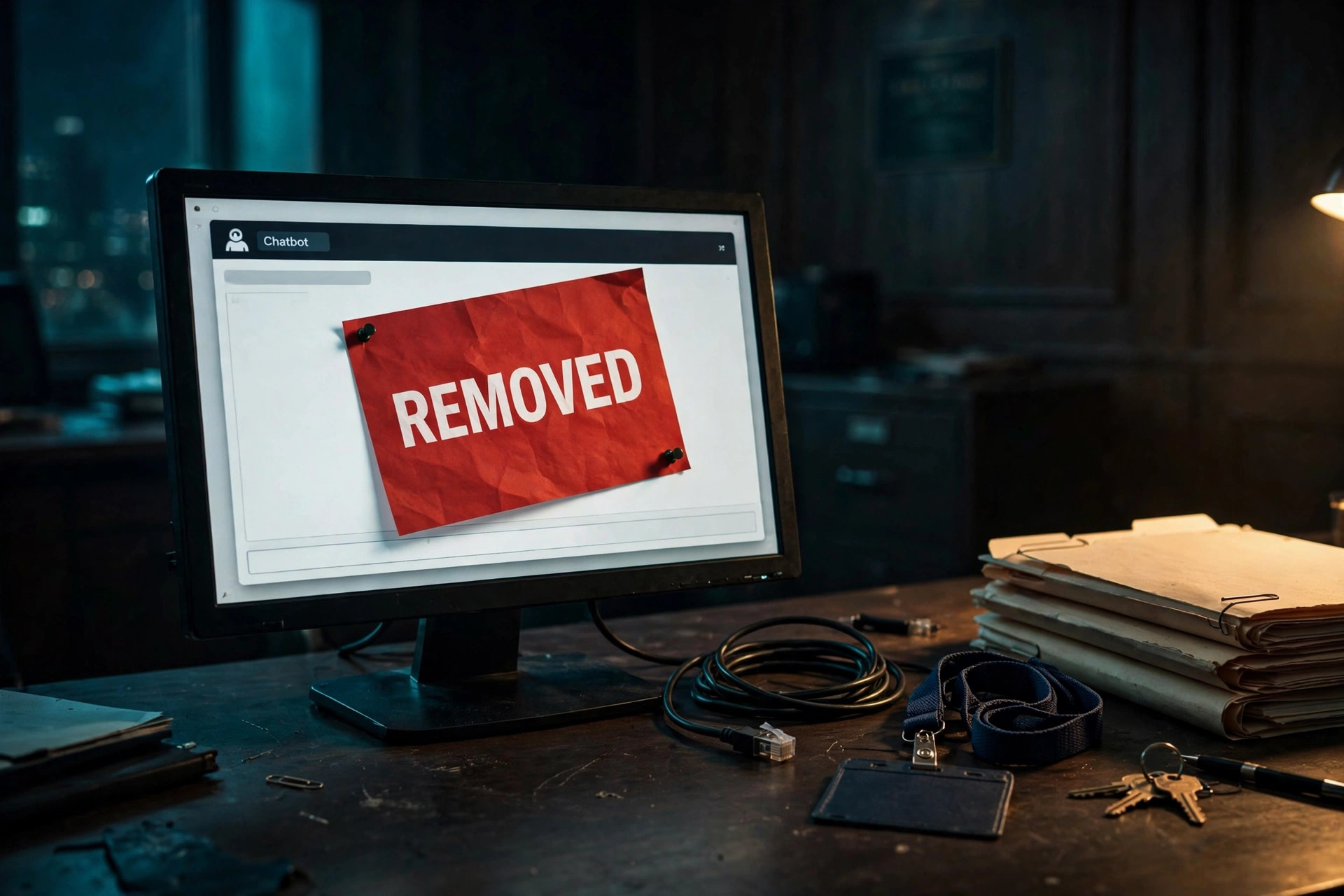 Illustration of a dark government office desk at night, with a computer monitor showing a red REMOVED notice, an unplugged network cable, a badge lanyard and folders