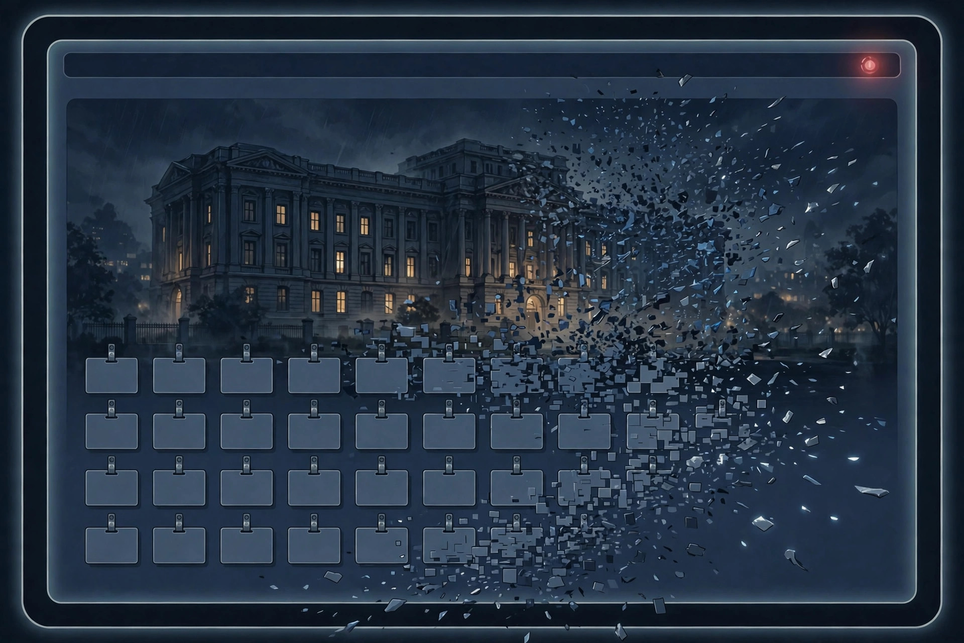 Illustration of a government building on a computer screen with rows of blank employee ID cards dissolving into fragments