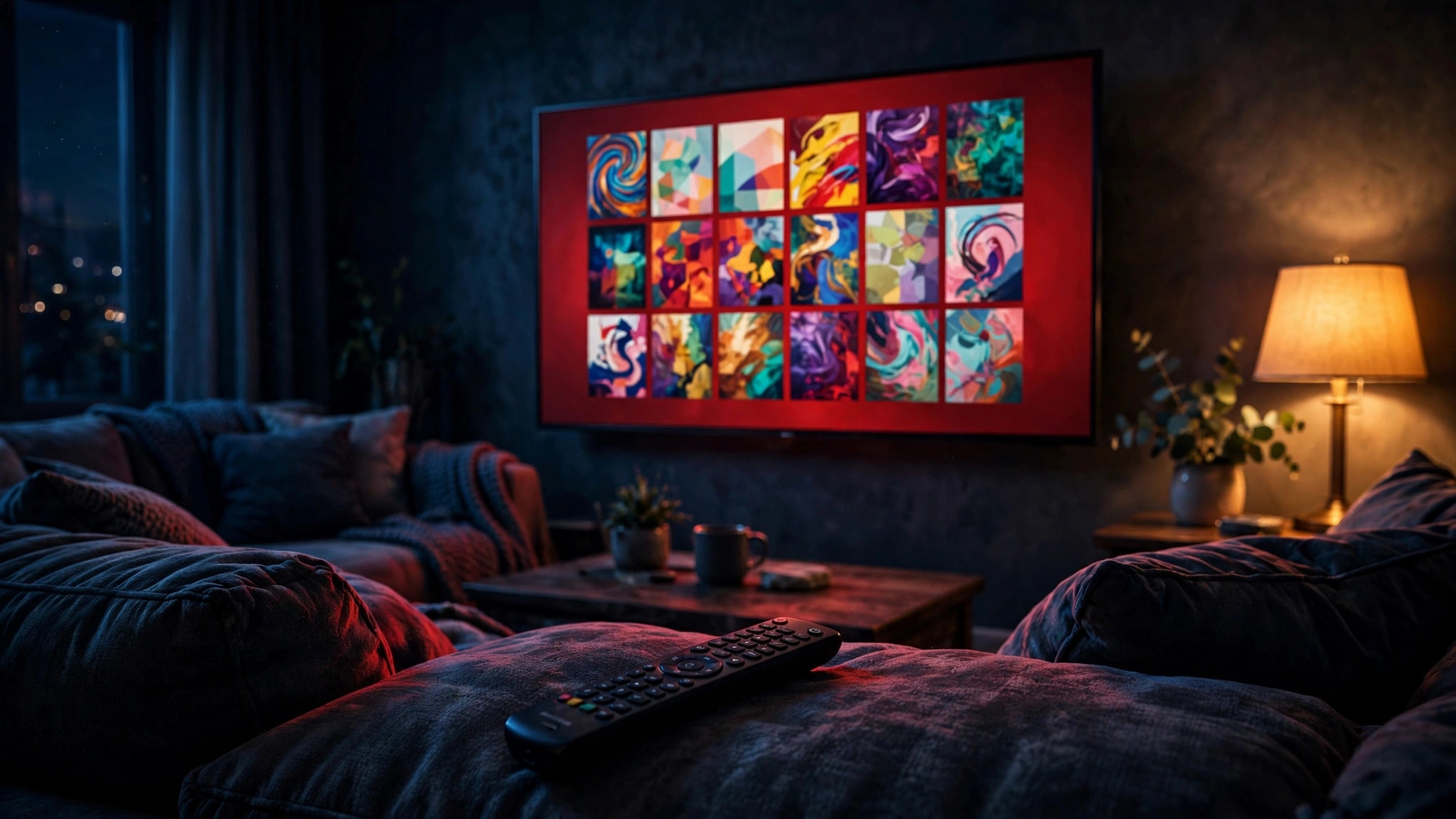 A TV showing rows of streaming titles in a dark living room