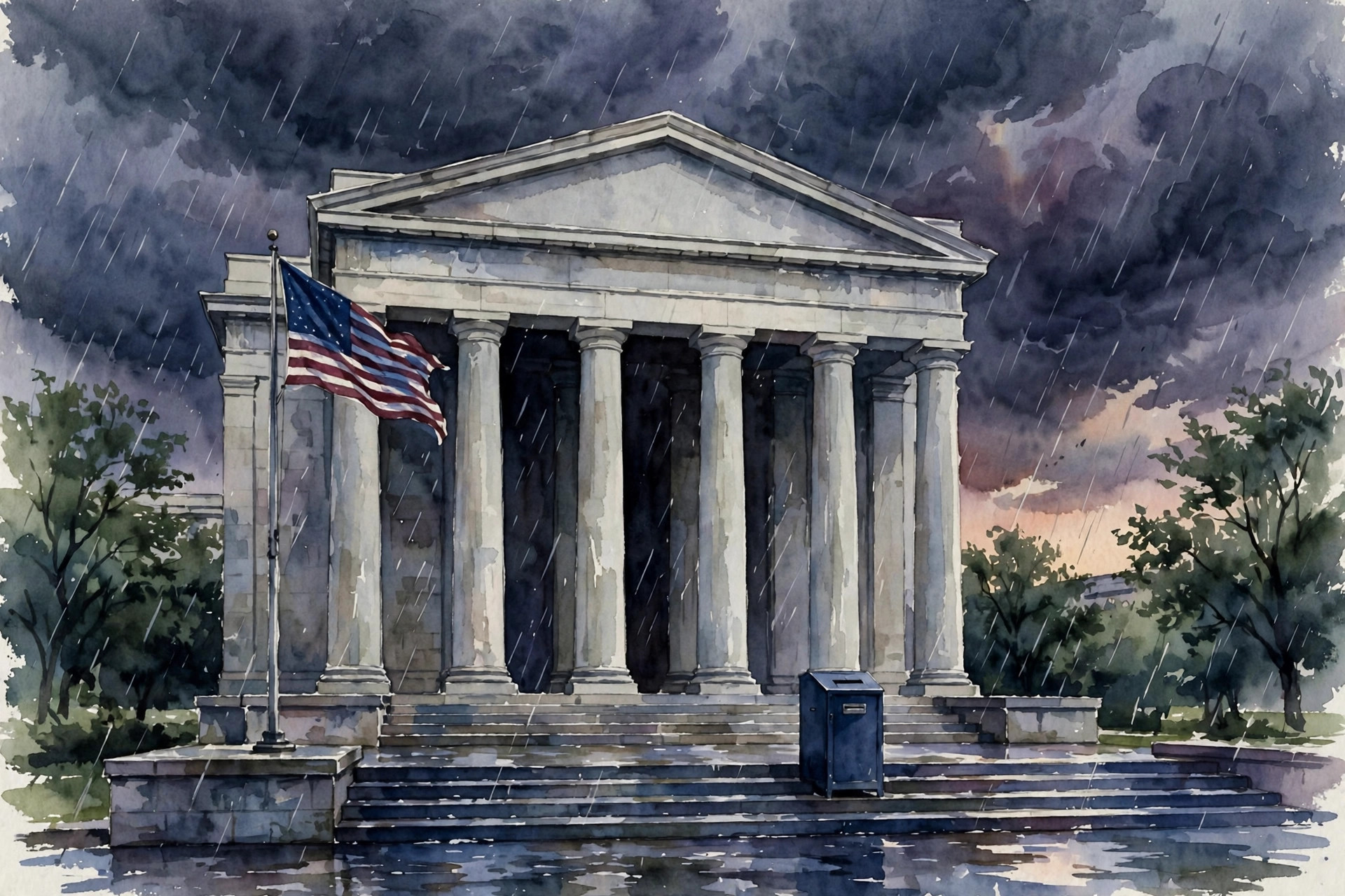 Watercolor illustration of a federal courthouse at dusk with an American flag and a ballot drop box on the steps
