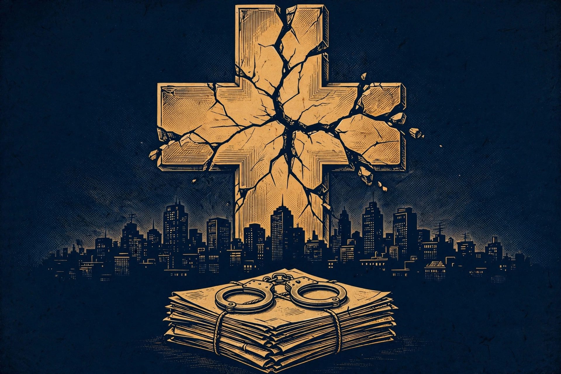 Editorial illustration of a cracked medical cross over a city skyline with handcuffs on a stack of case files