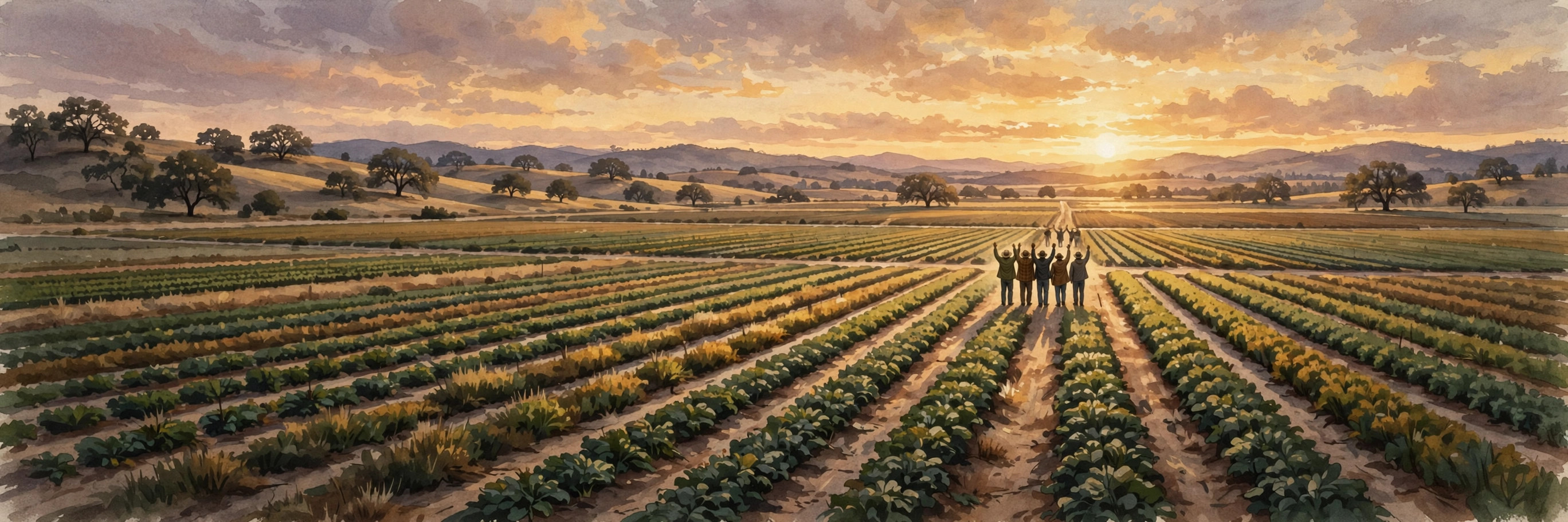 Illustration of farmworkers with raised hands in California fields at sunset