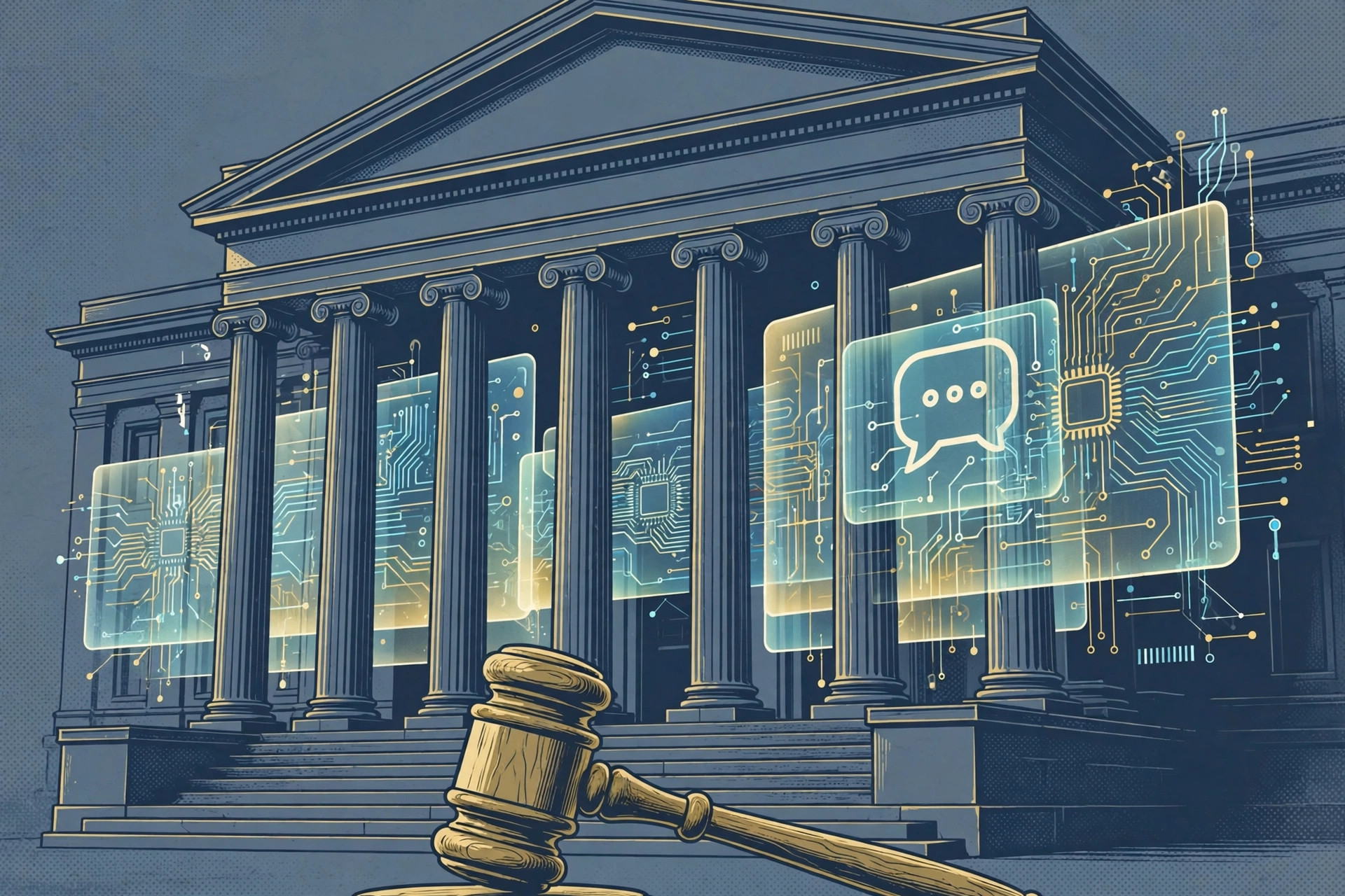 Illustration of a courthouse with a judge's gavel and holographic chatbot panels