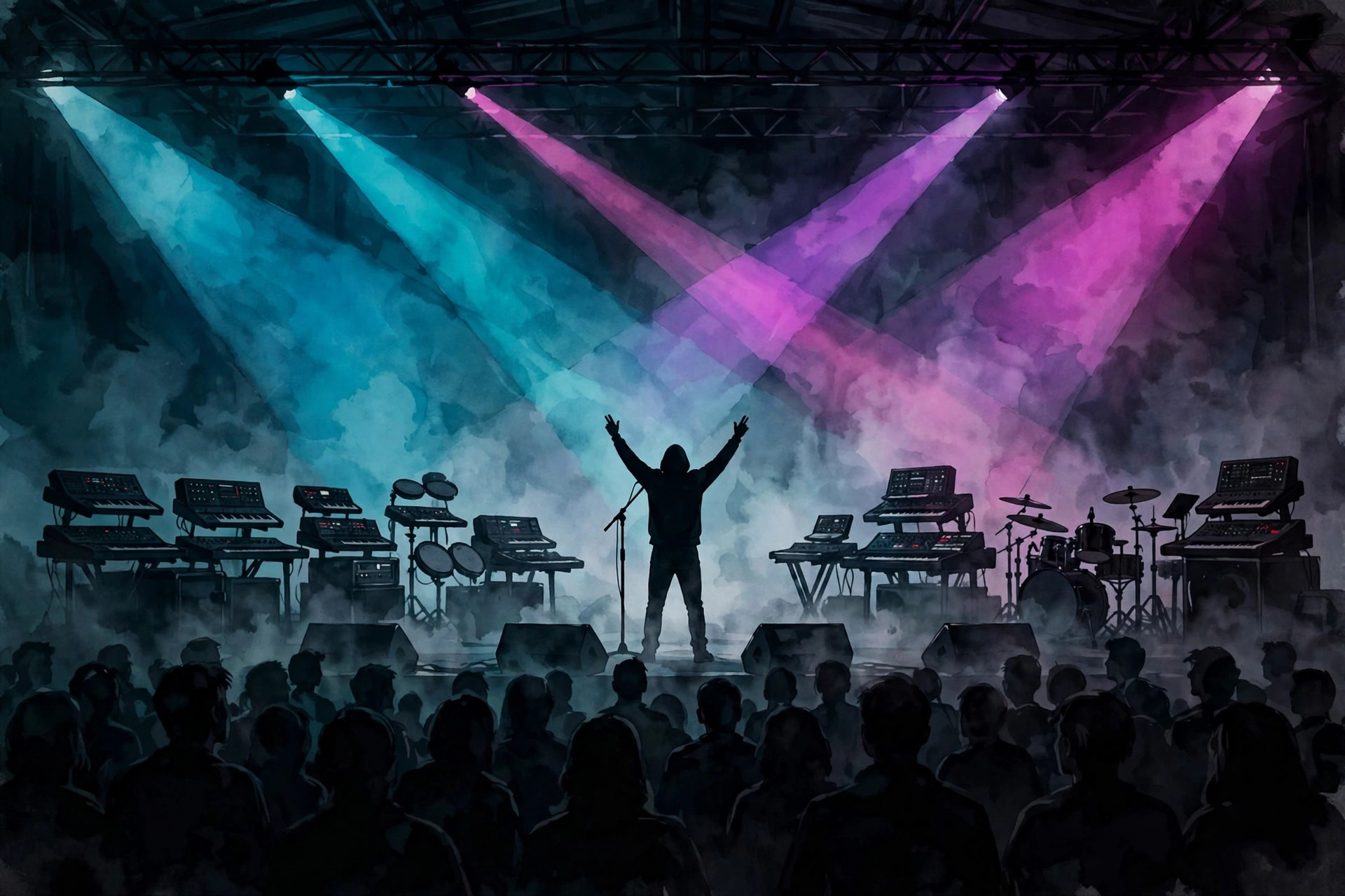 Illustration of a silhouetted electronic musician on a dark stage with synthesizers and magenta-teal lights