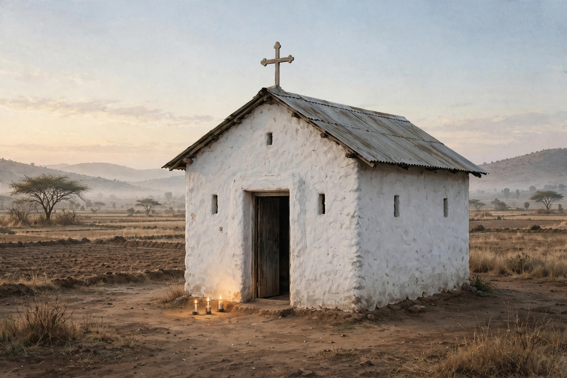 Illustration of a small white-walled church with candles burning outside its door at dawn