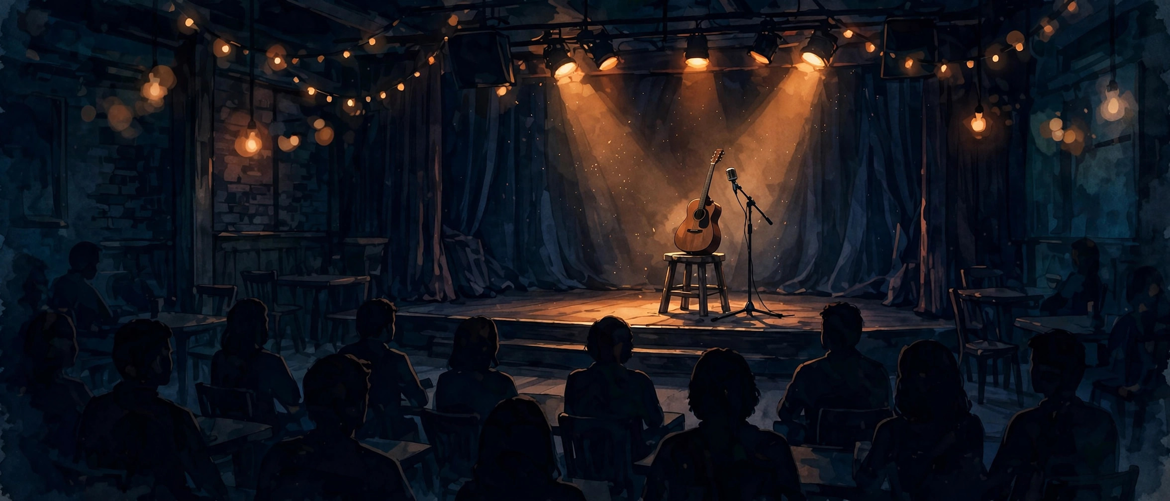 Illustration of an acoustic guitar on a stool beside a microphone on a small club stage, under warm lights before a silhouetted audience