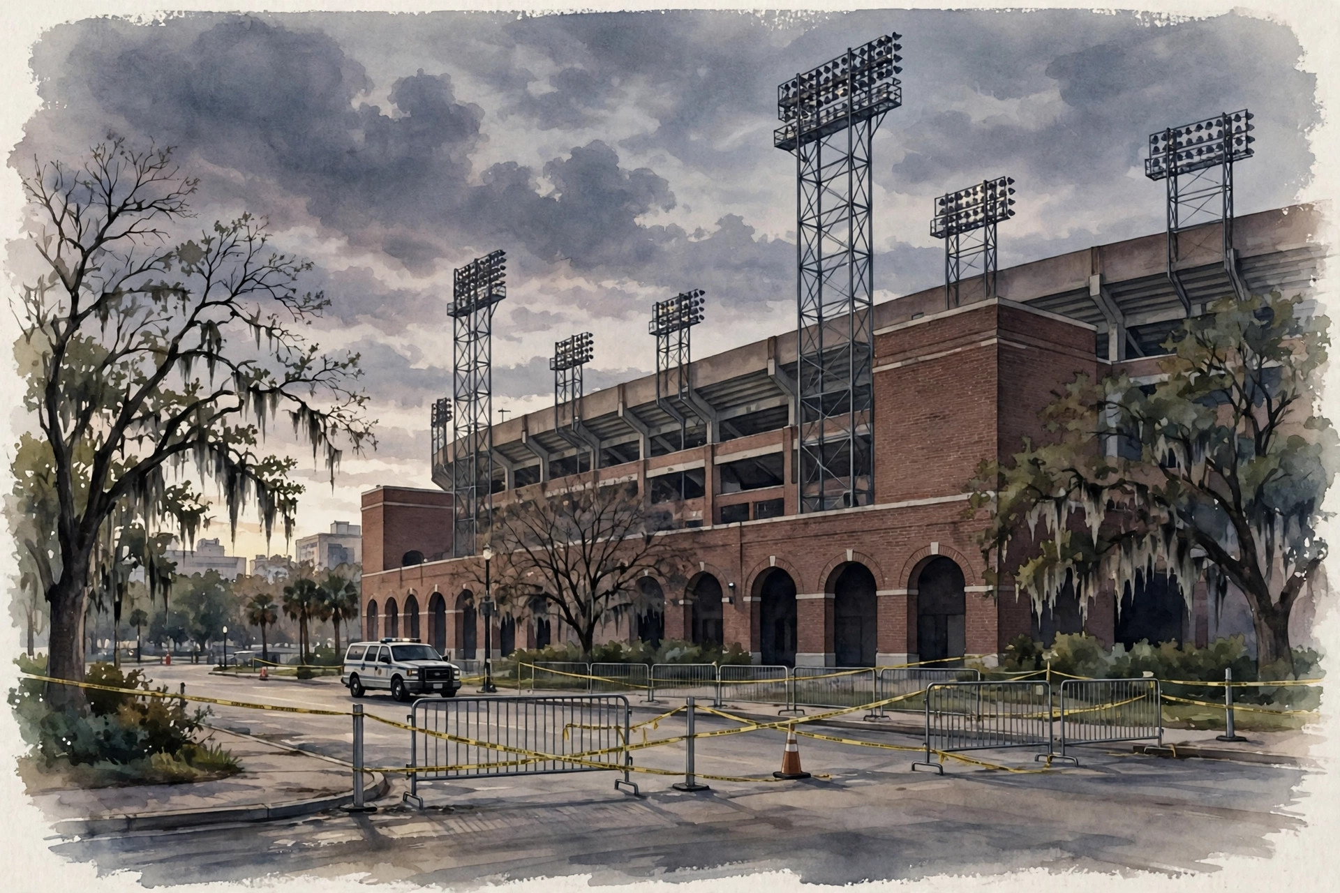 Illustration of a college football stadium exterior at dusk, its street cordoned off with police tape and a police van parked nearby