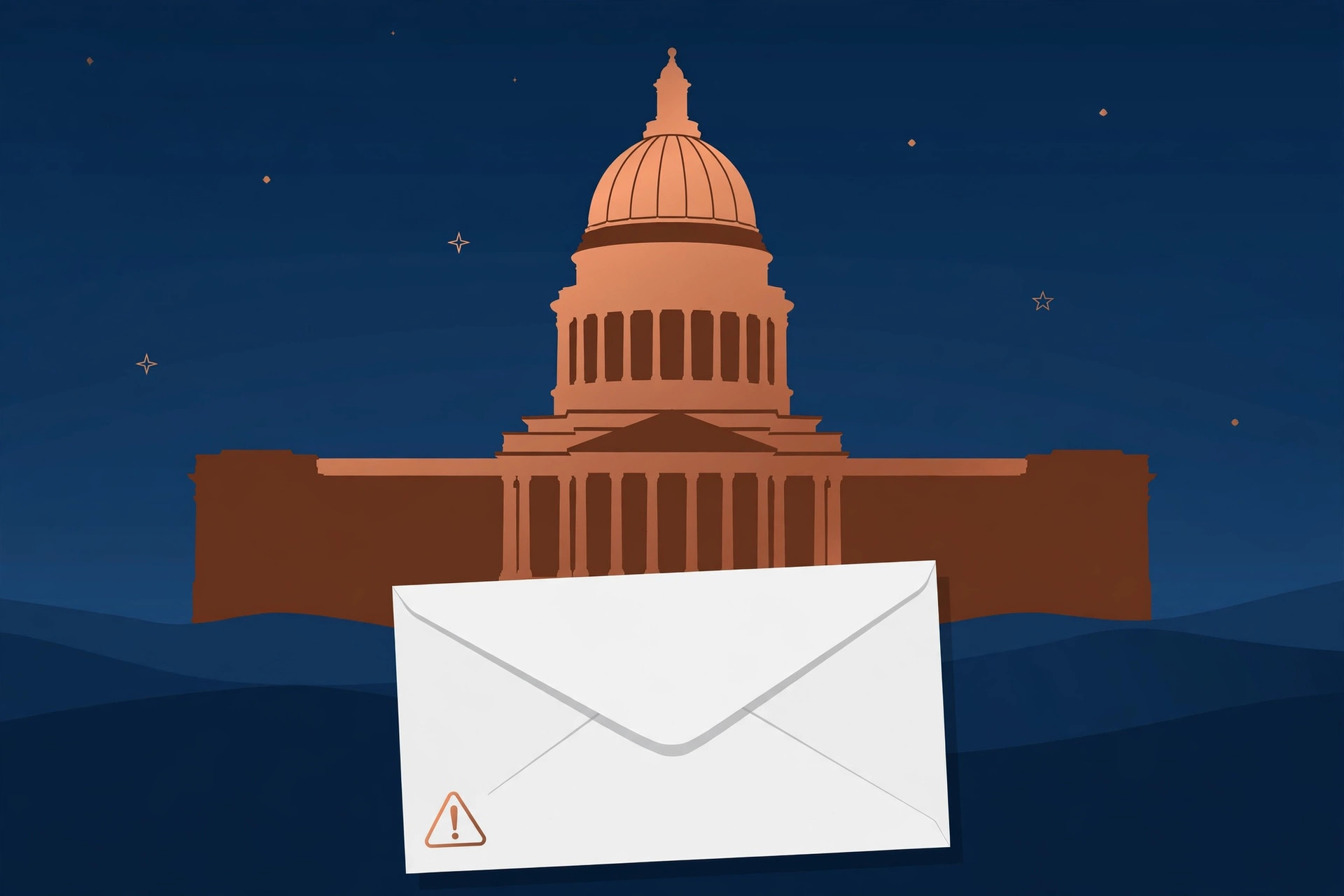 Illustration of a state capitol dome at dusk, with a sealed envelope marked with a hazard warning symbol