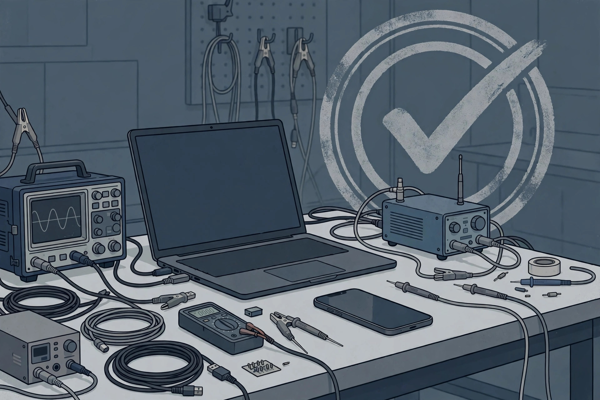 Illustration of a laptop and smartphone on an electronics testing bench beside test equipment
