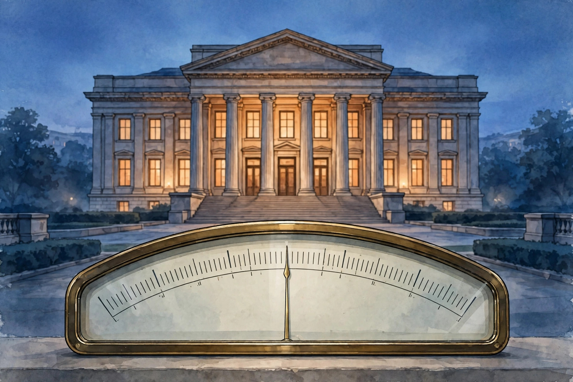Illustration of a columned central bank building at dusk with a large gauge dial in front, its needle resting level in the middle