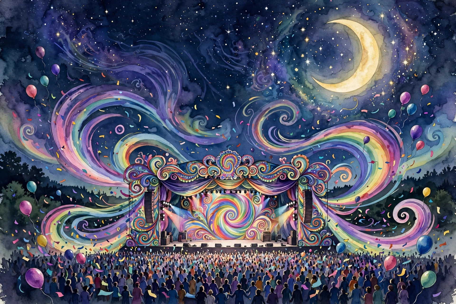 Illustration of a psychedelic concert stage under a crescent moon, with balloons and confetti over a crowd